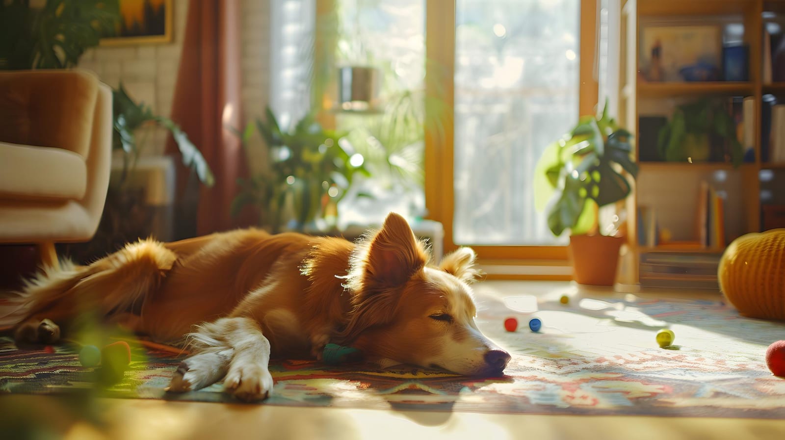 Cão descansando sobre um tapete em uma sala iluminada e cheia de plantas