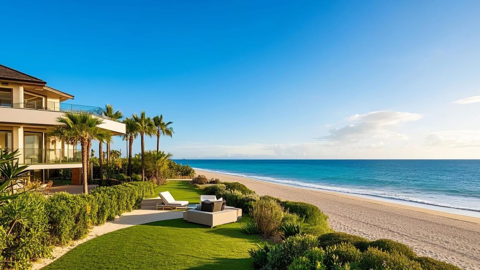 Jardim de uma casa com espreguiçadeiras e vista para o mar